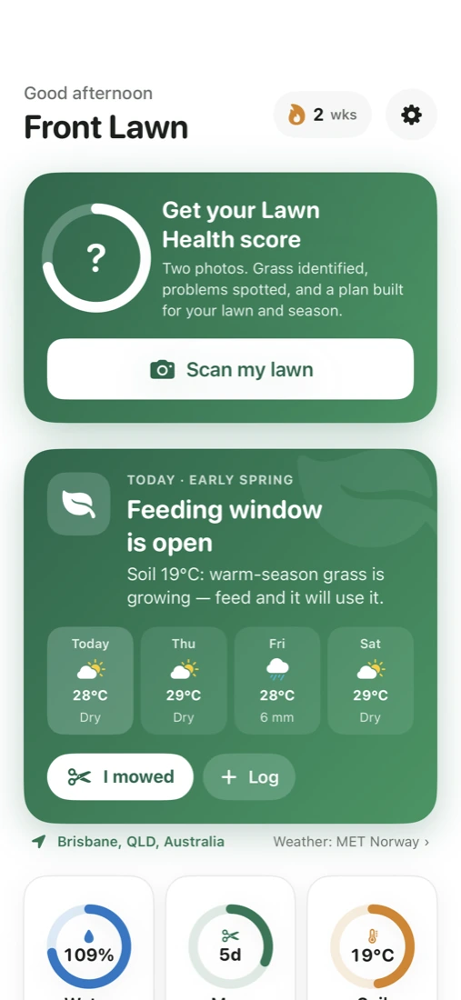 Grassly home screen in Brisbane: a Lawn Health score card, and today's call, Feeding window is open, with soil at 19 °C and the four-day forecast.